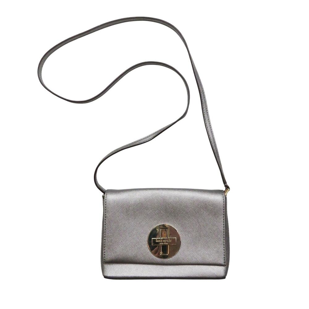 Kate Spade Newbury Lane Sally Crossbody Bag Silver Saffiano Leather Turnlock Bag